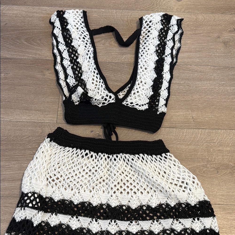Black and White Crochet Top and Skirt Set